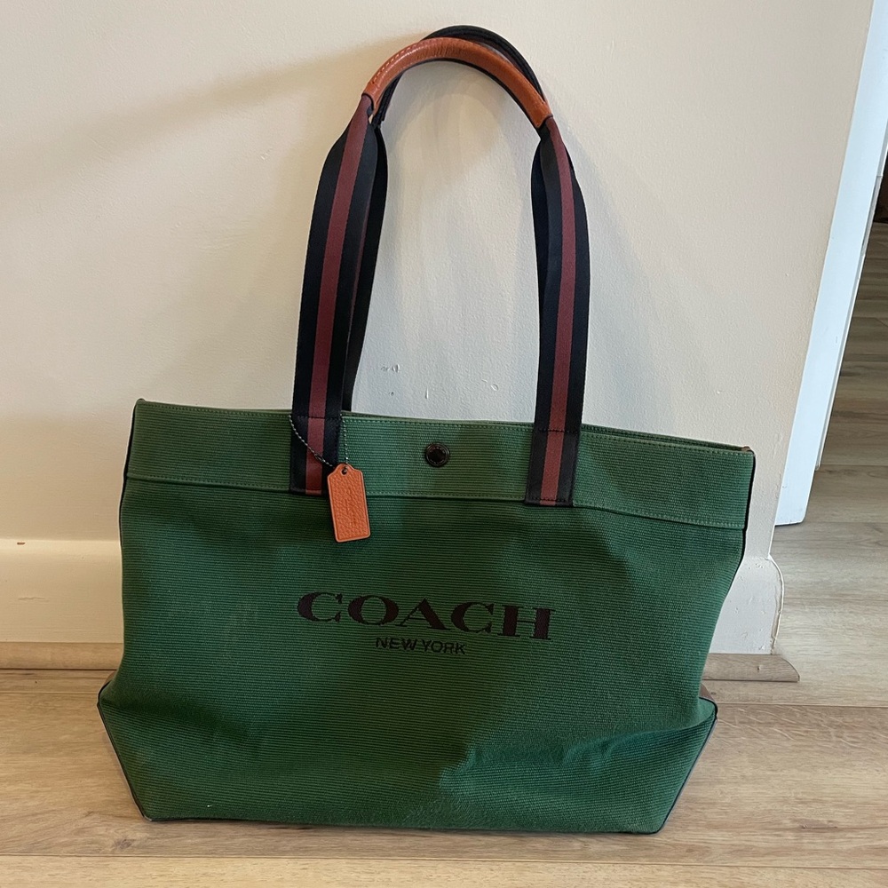 Coach Green Tote with Black and Red Striped Handles